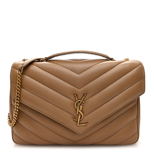 Chevron quilted lambskin Loulou bag, natural tan, gold-tone YSL clasp