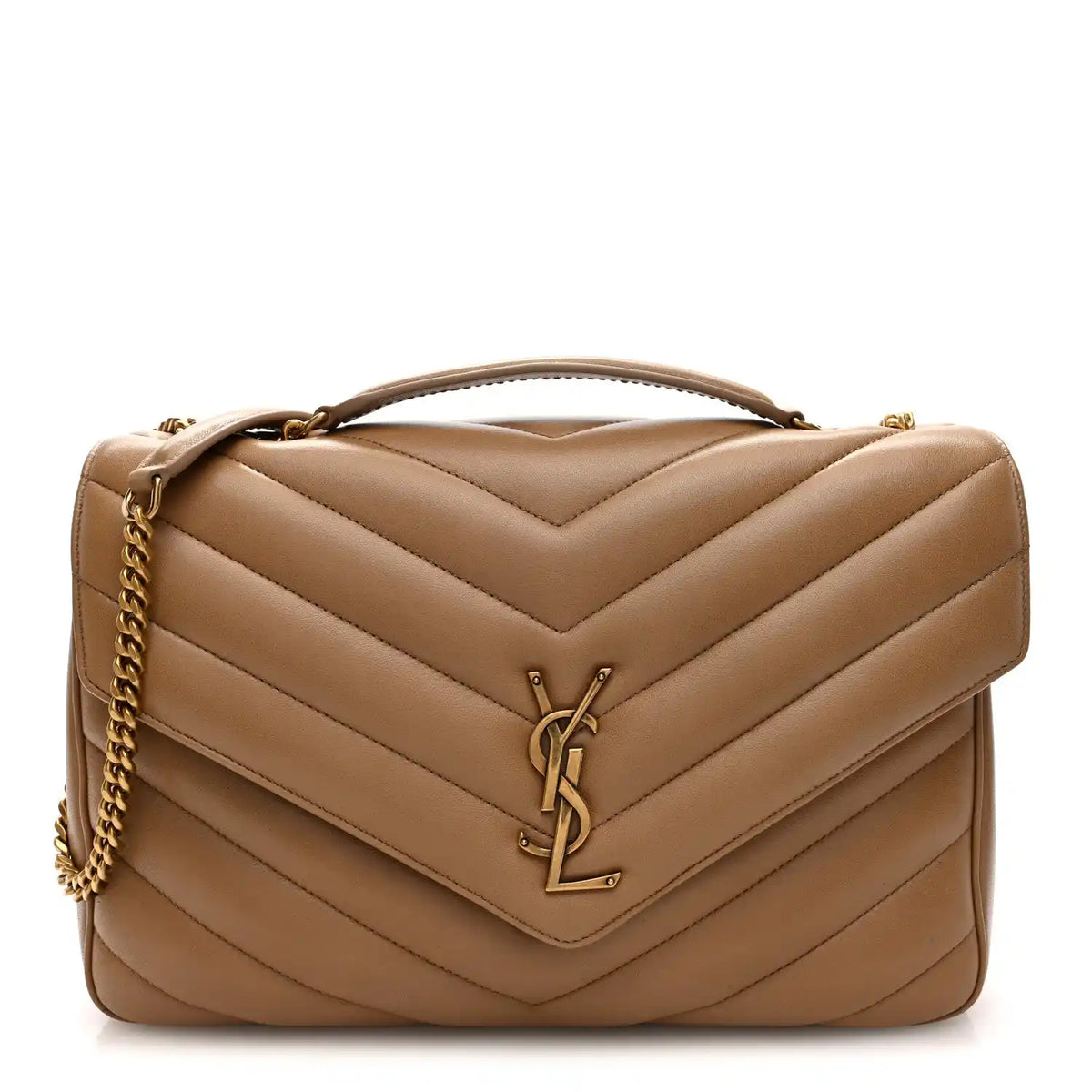 Chevron quilted lambskin Loulou bag, natural tan, gold-tone YSL clasp
