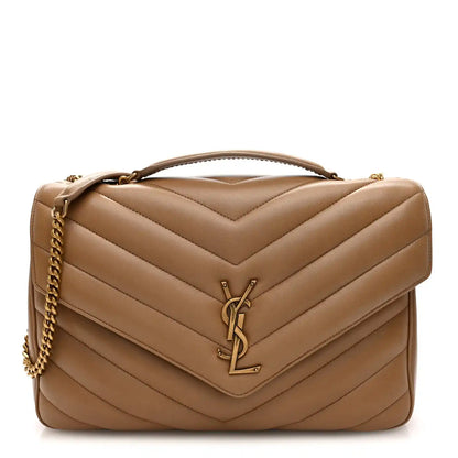 Chevron quilted lambskin Loulou bag, natural tan, gold-tone YSL clasp