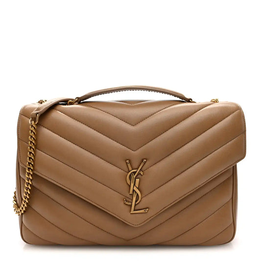 Chevron quilted lambskin Loulou bag, natural tan, gold-tone YSL clasp
