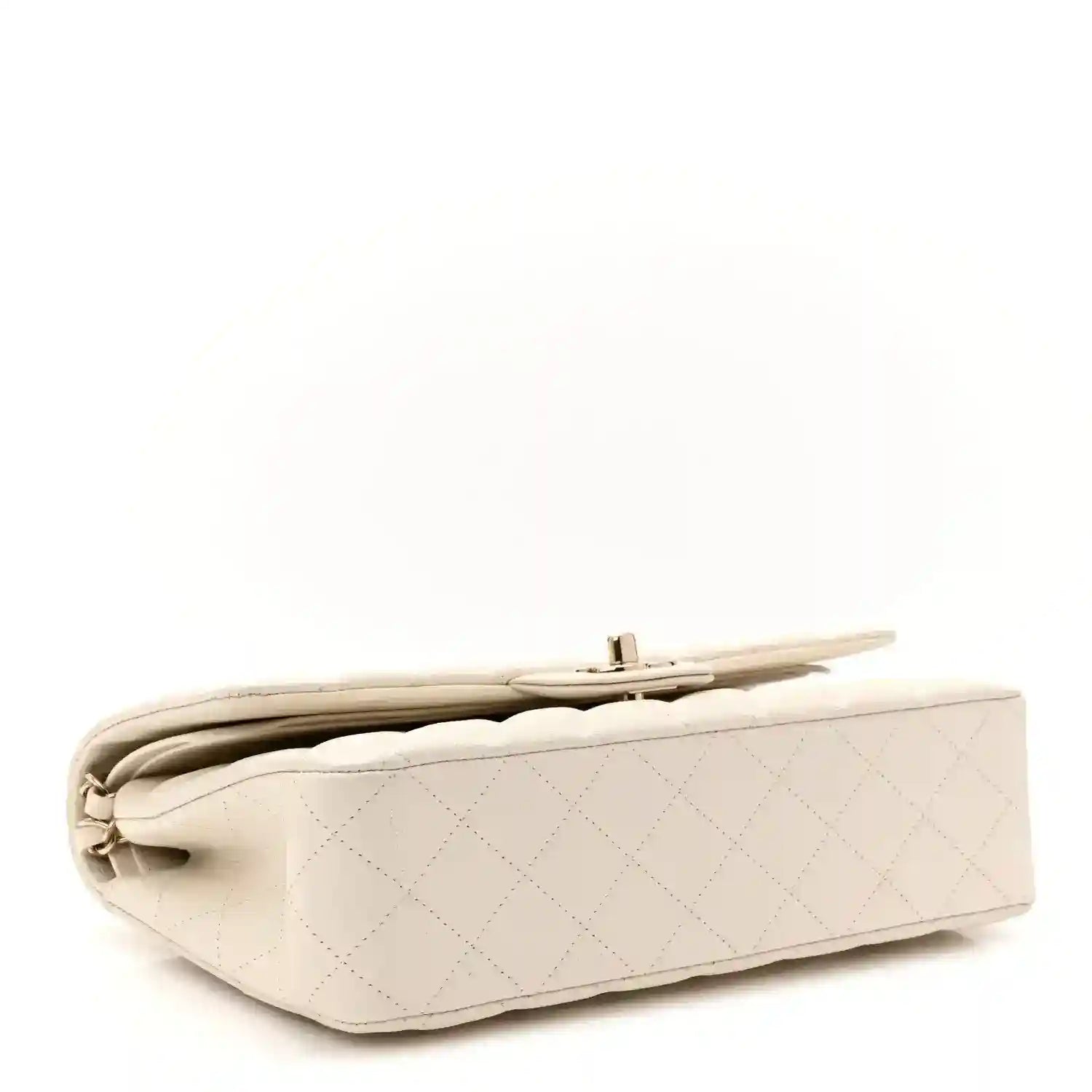 White quilted medium double flap bag with chain strap, rear view