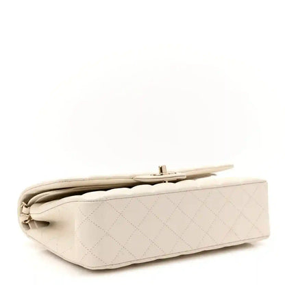 White quilted medium double flap bag with chain strap, rear view