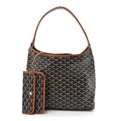 Goyard hobo bag with matching pouch, dark patterned canvas and brown leather trim