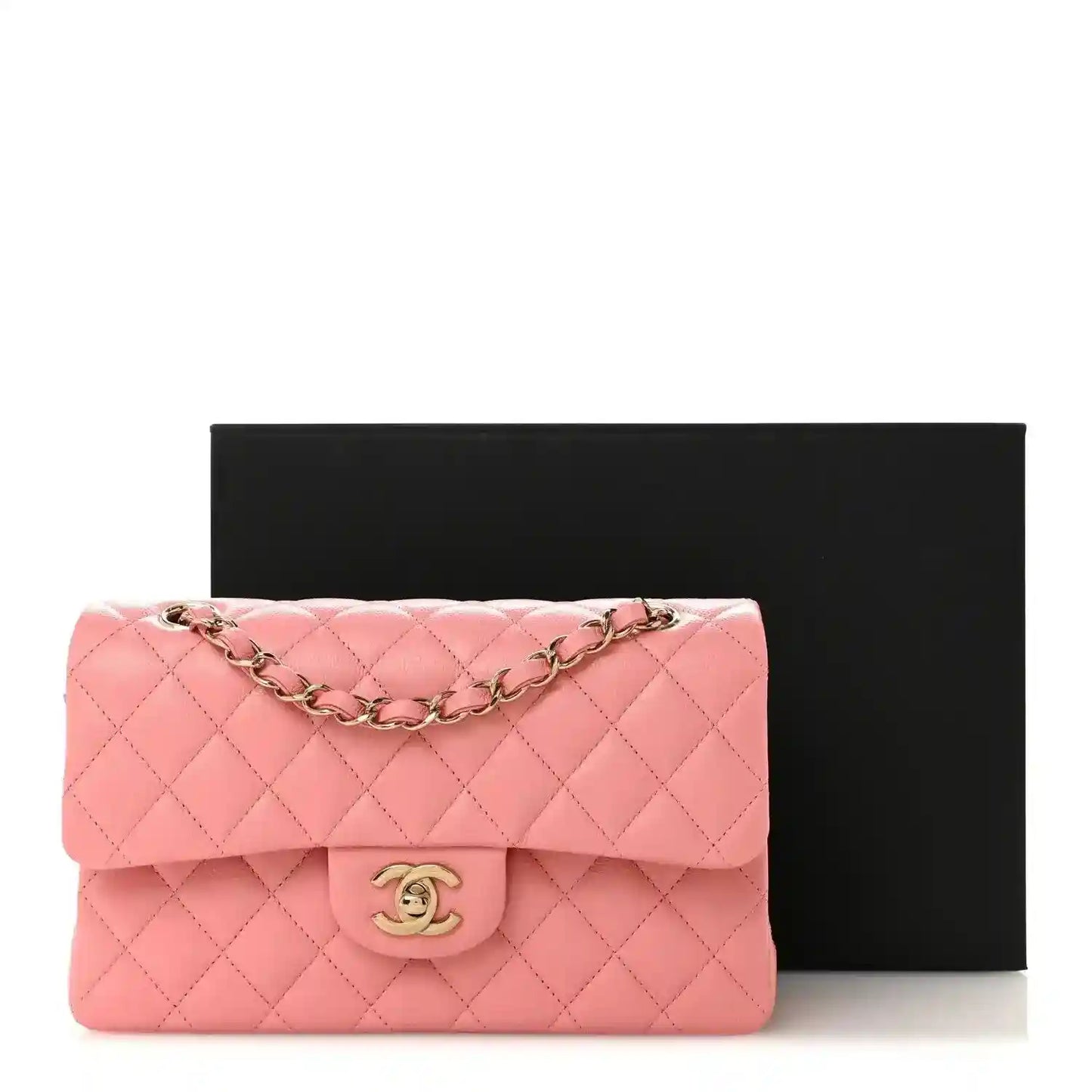 Light pink quilted small double flap bag with gold chain strap and CC logo clasp
