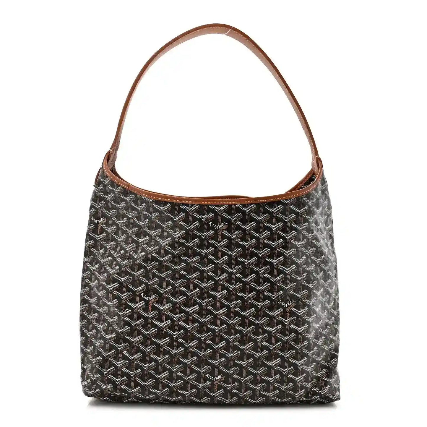Goyard hobo bag in dark patterned canvas with brown leather handles and trim