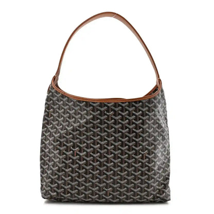 Goyard hobo bag in dark patterned canvas with brown leather handles and trim