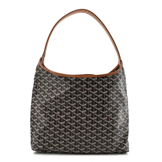 Goyard hobo bag in dark patterned canvas with brown leather handles and trim