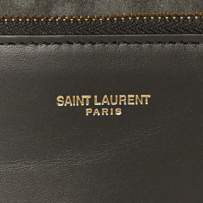 Saint Laurent Paris logo on black leather with gold zipper trim