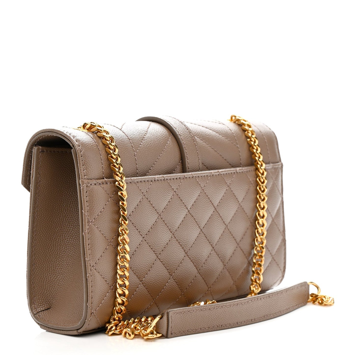 Dark beige quilted satchel with gold chain strap and YSL emblem front flap