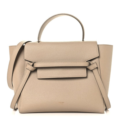 Celine light taupe grained calfskin micro belt bag with top handle and flap front