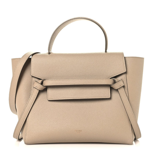 Celine light taupe grained calfskin micro belt bag with top handle and flap front