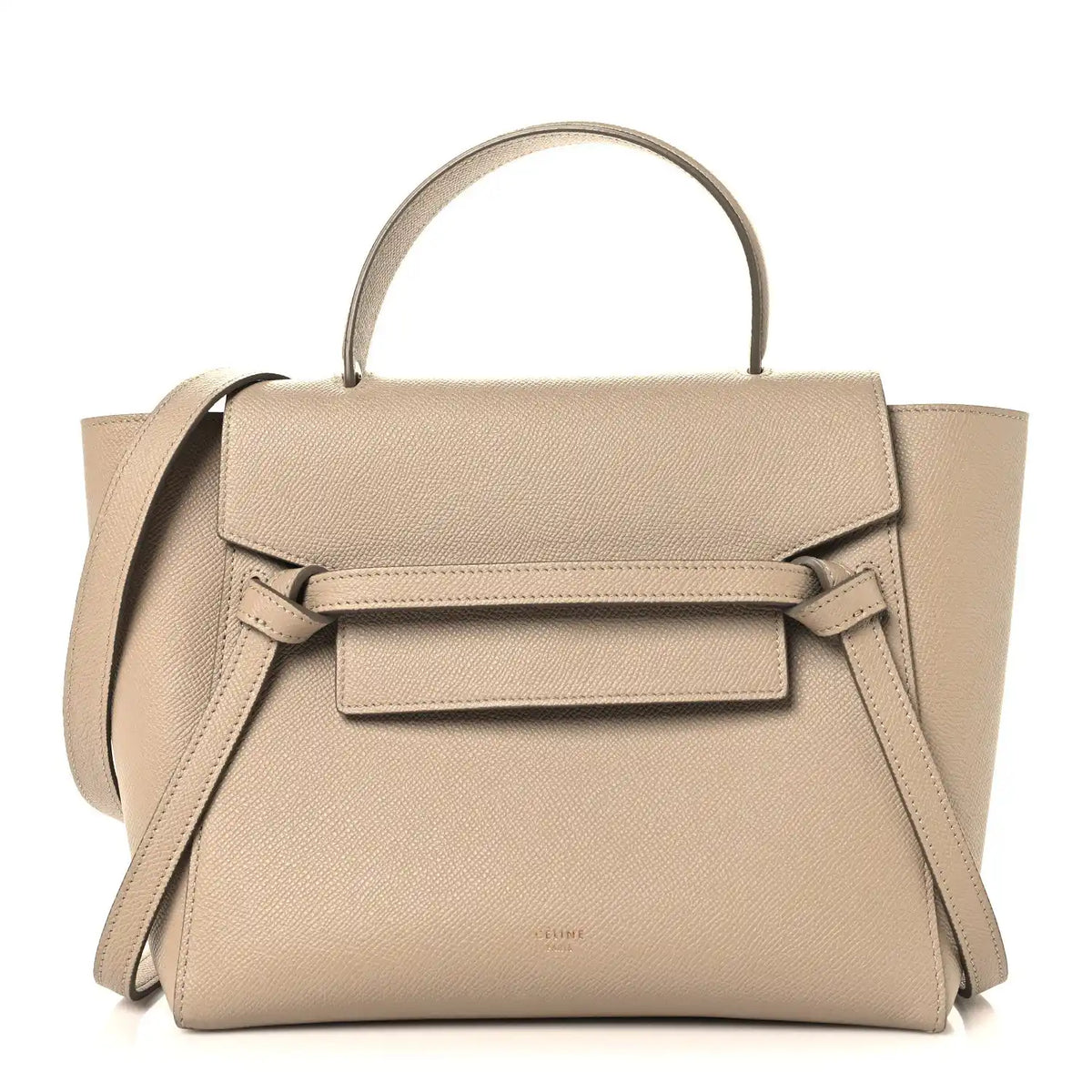 Celine light taupe grained calfskin micro belt bag with top handle and flap front
