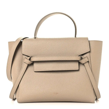 Celine light taupe grained calfskin micro belt bag with top handle and flap front