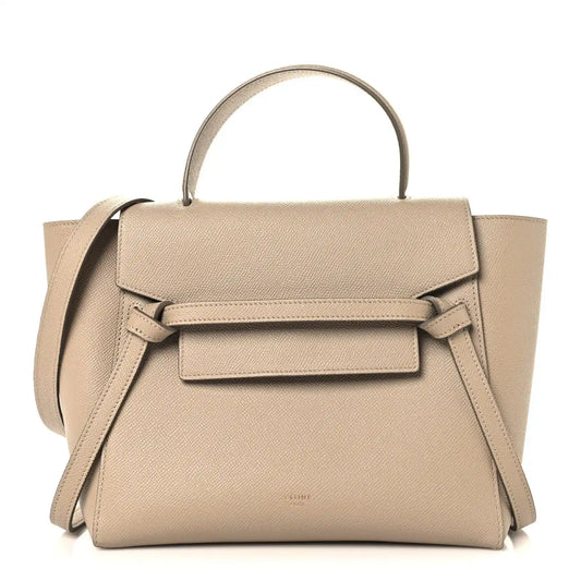 Celine light taupe grained calfskin micro belt bag with top handle and flap front