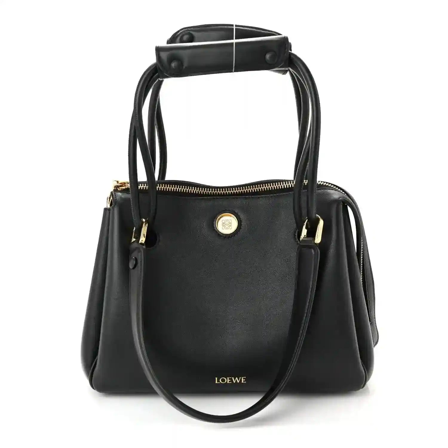 Loewe Small Madrid bag in black leather with top handles, front logo, and zip closure.