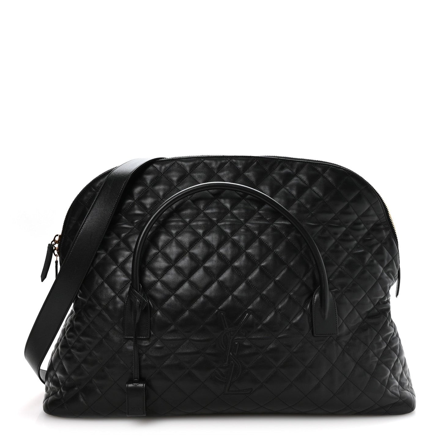 Black quilted leather travel bag with curved top handle and zip closure, gold hardware