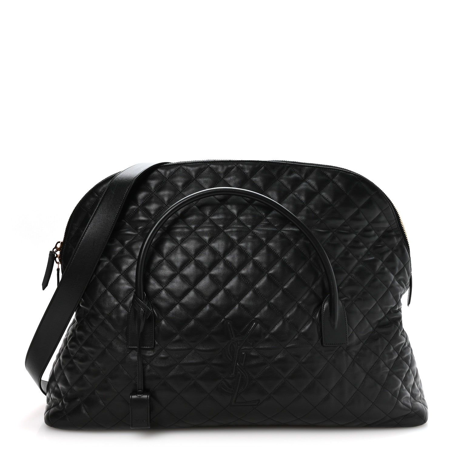 Black quilted leather travel bag with curved top handle and zip closure, gold hardware