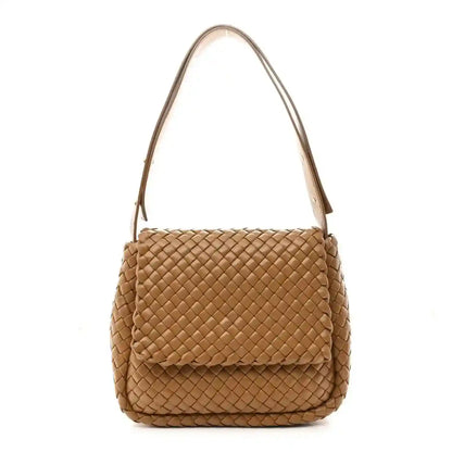 Caramel woven leather shoulder bag with padded cobble intreccio pattern and top handle
