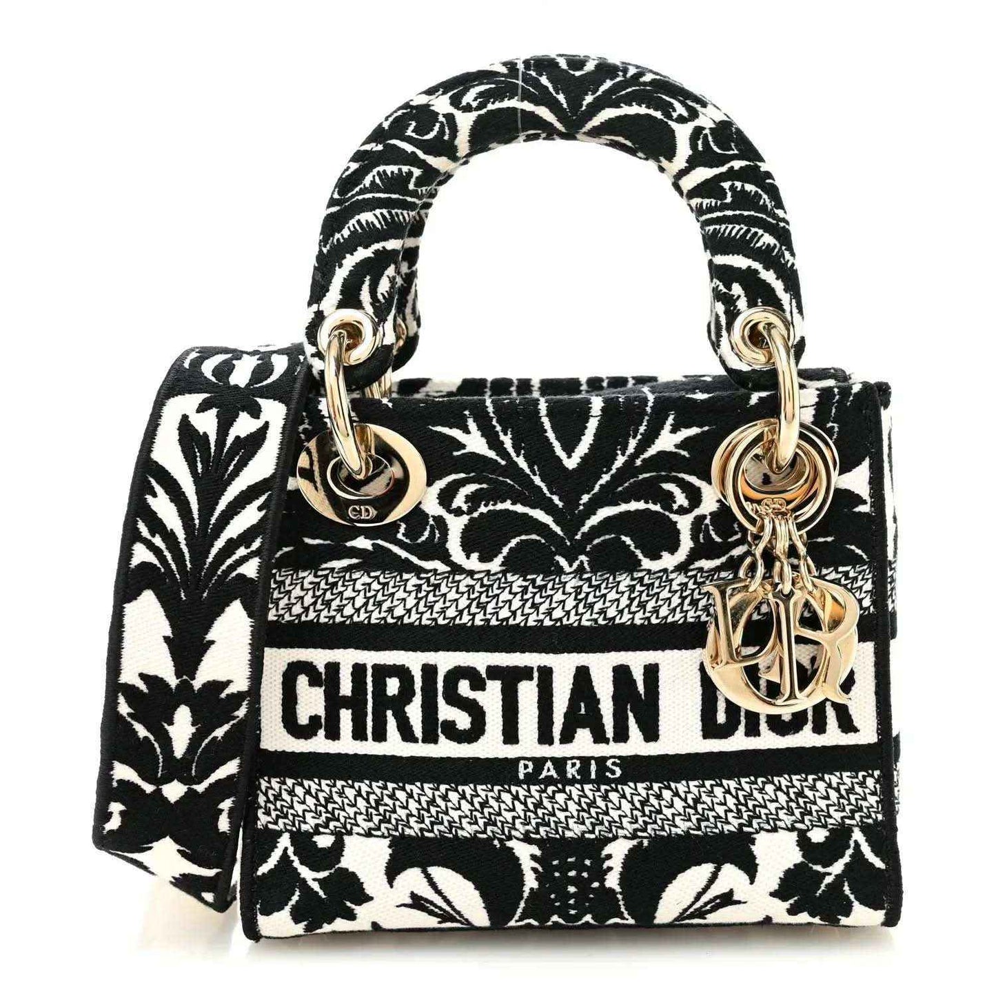 Mini embroidered canvas bag, black and white floral print with gold-tone top handles