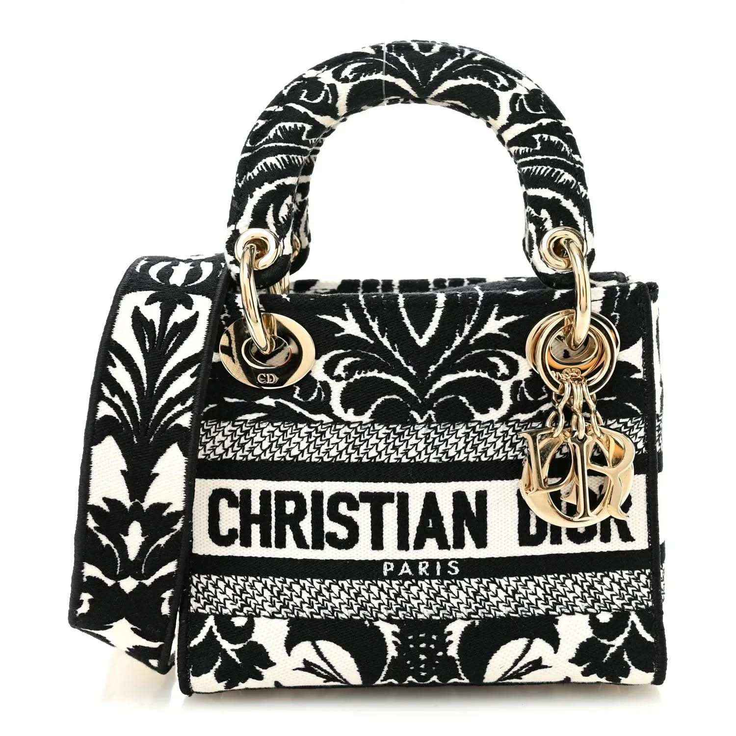 Mini embroidered canvas bag, black and white floral print with gold-tone top handles