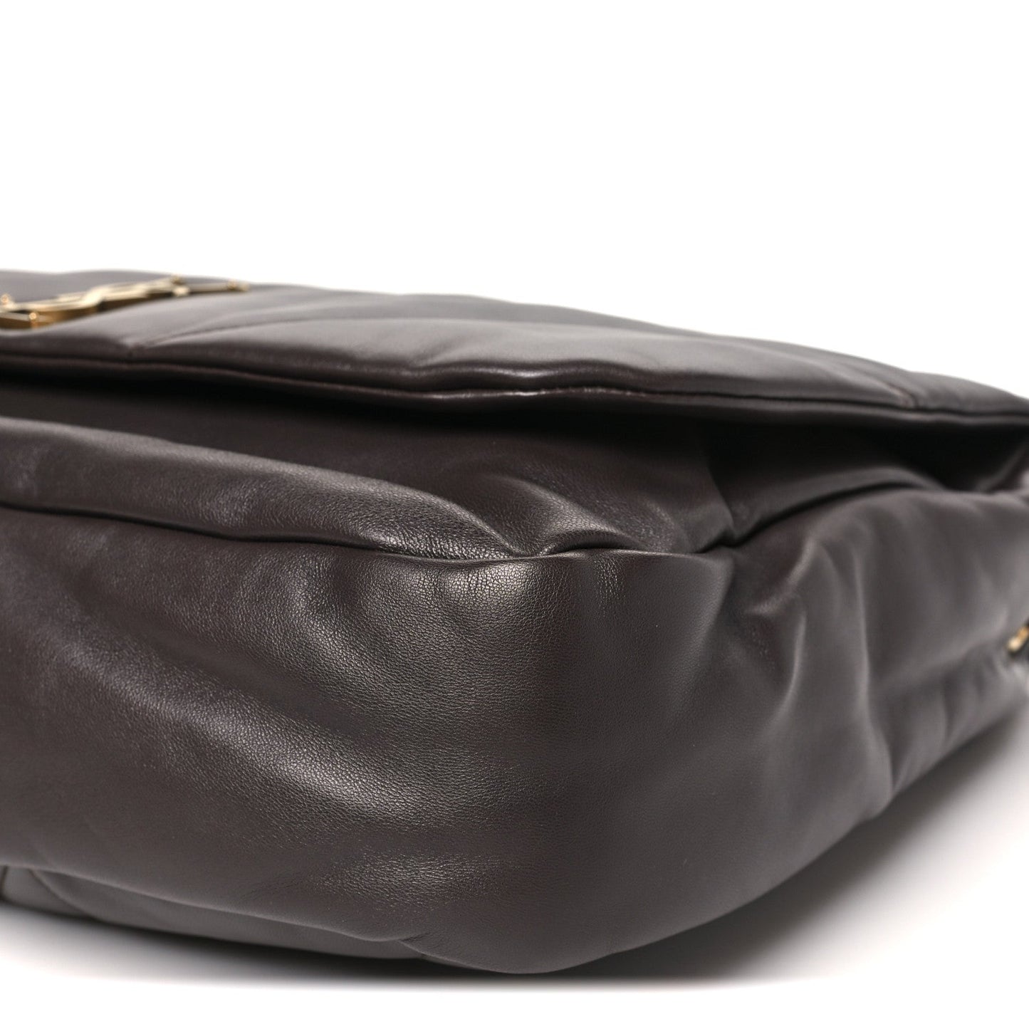 Saint Laurent quilted lambskin shoulder bag, dark brown, side stitching detail.