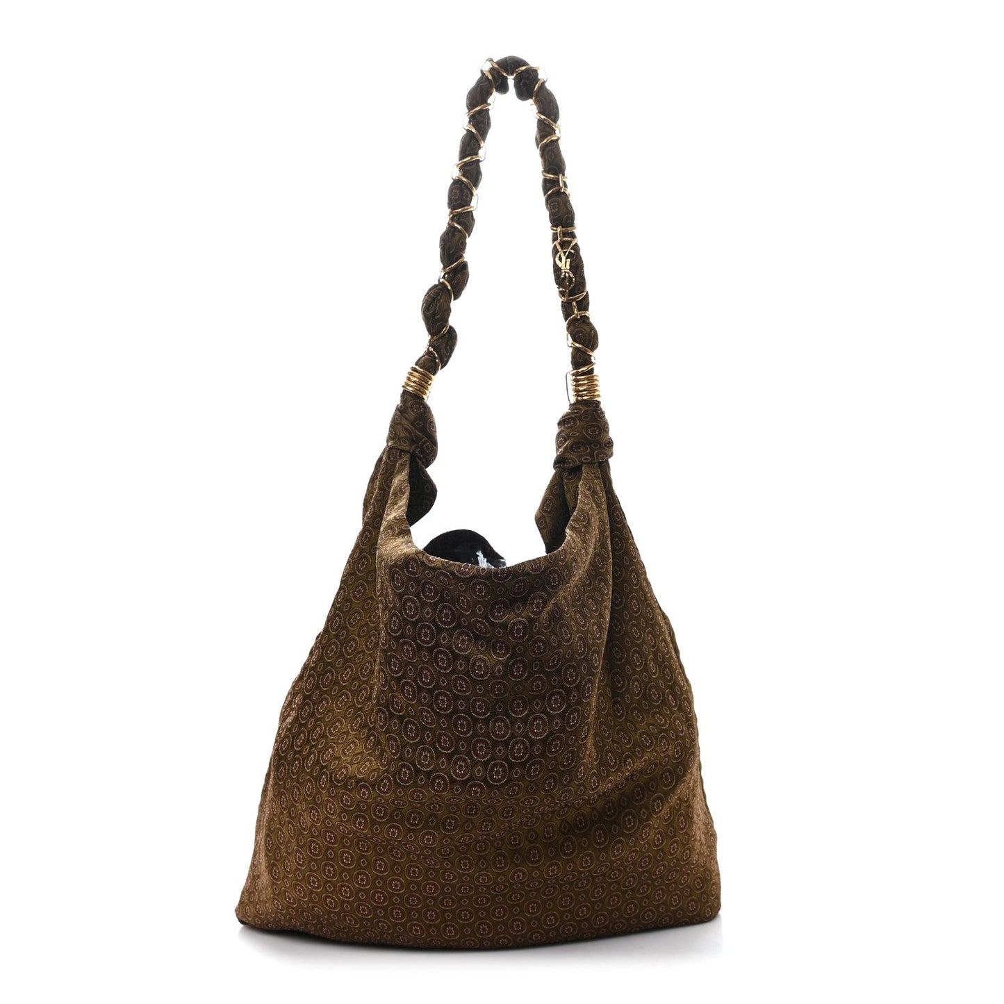 Medium hobo bag with braided top handles and jacquard medallion pattern, brown/olive.