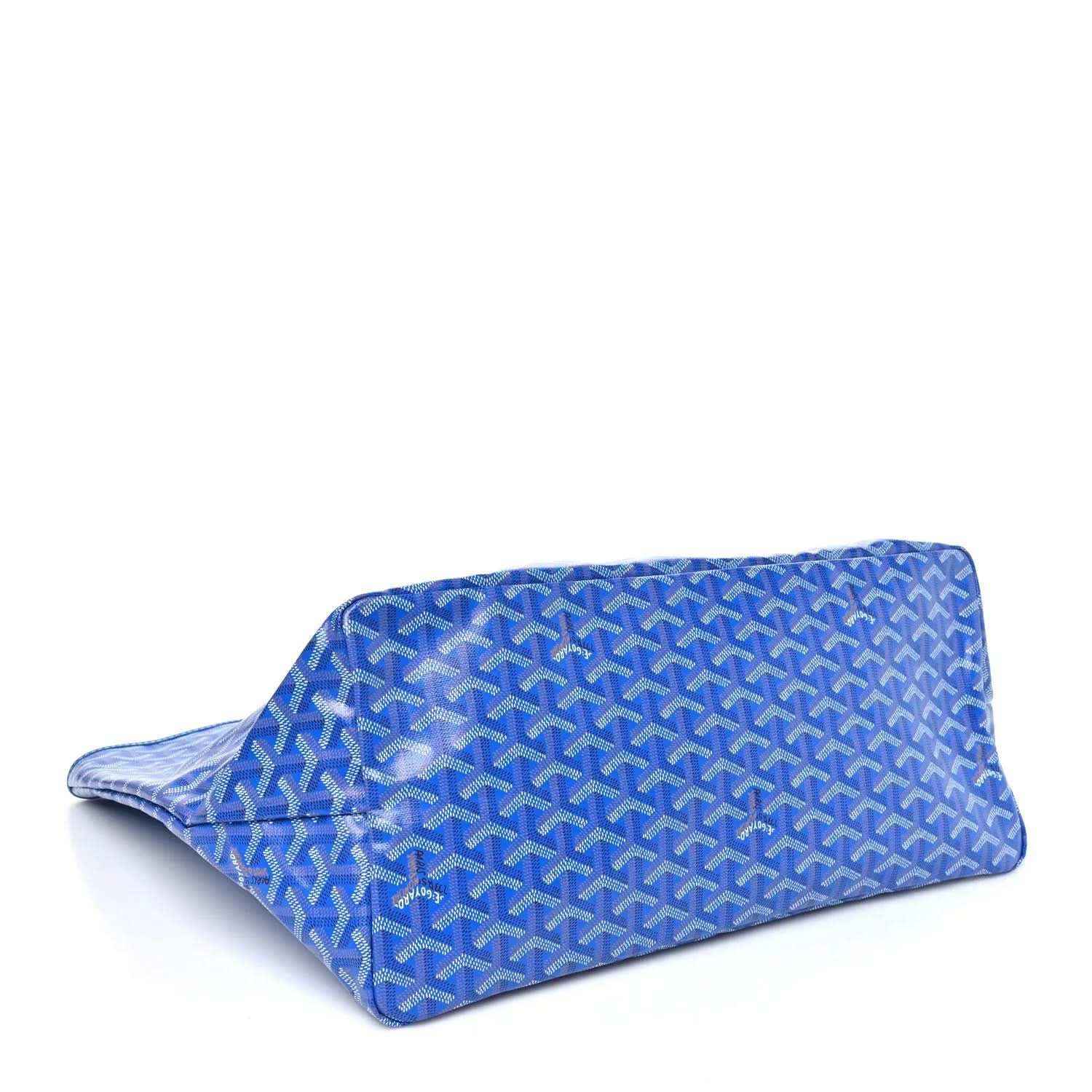 Sky blue Goyardine pouch with woven Goyard pattern and zipper closure.