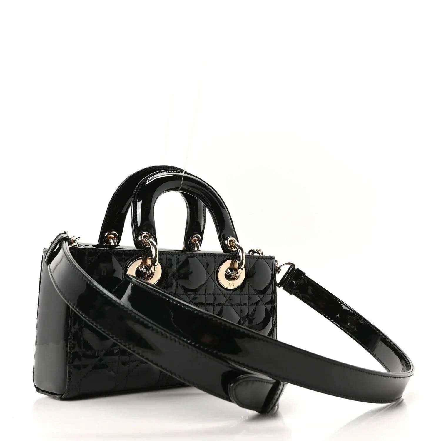 Black patent leather Lady D-Joy bag with shoulder strap and quilted front
