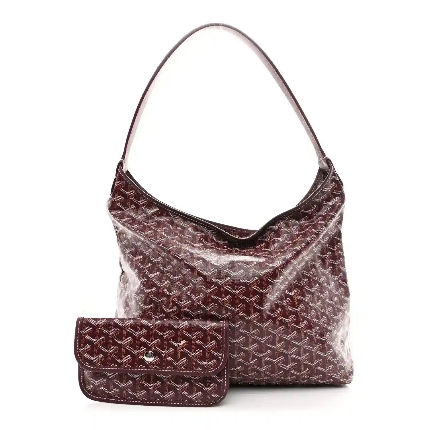 Burgundy coated canvas hobo shoulder bag with Goyardine pattern and small front pouch