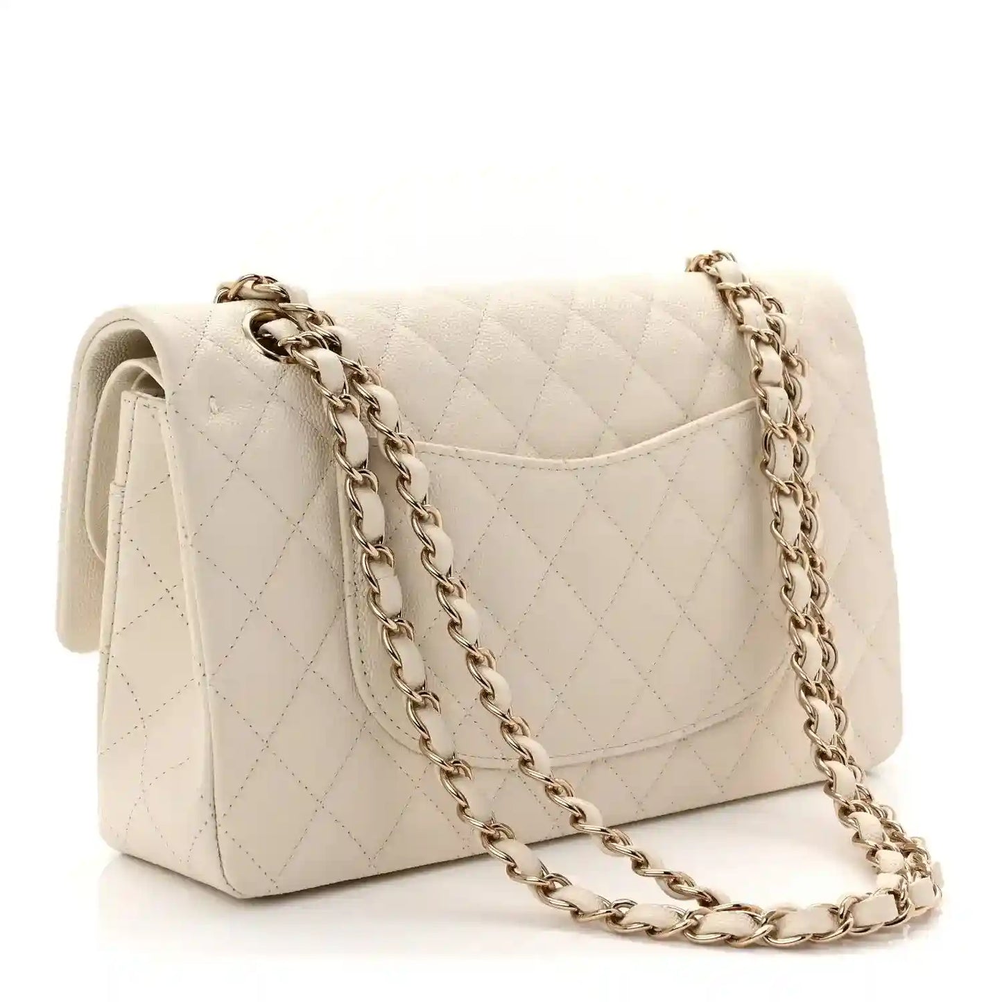 White quilted caviar leather medium double flap bag with gold-tone chain strap