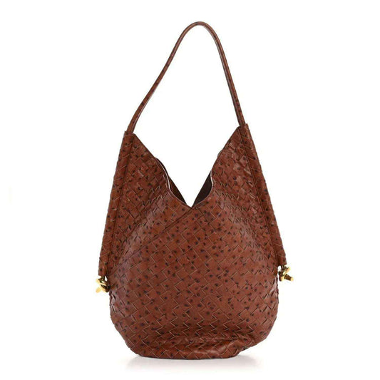 Medium hobo bag in brown intrecciato leather with top handles and tassel pulls.