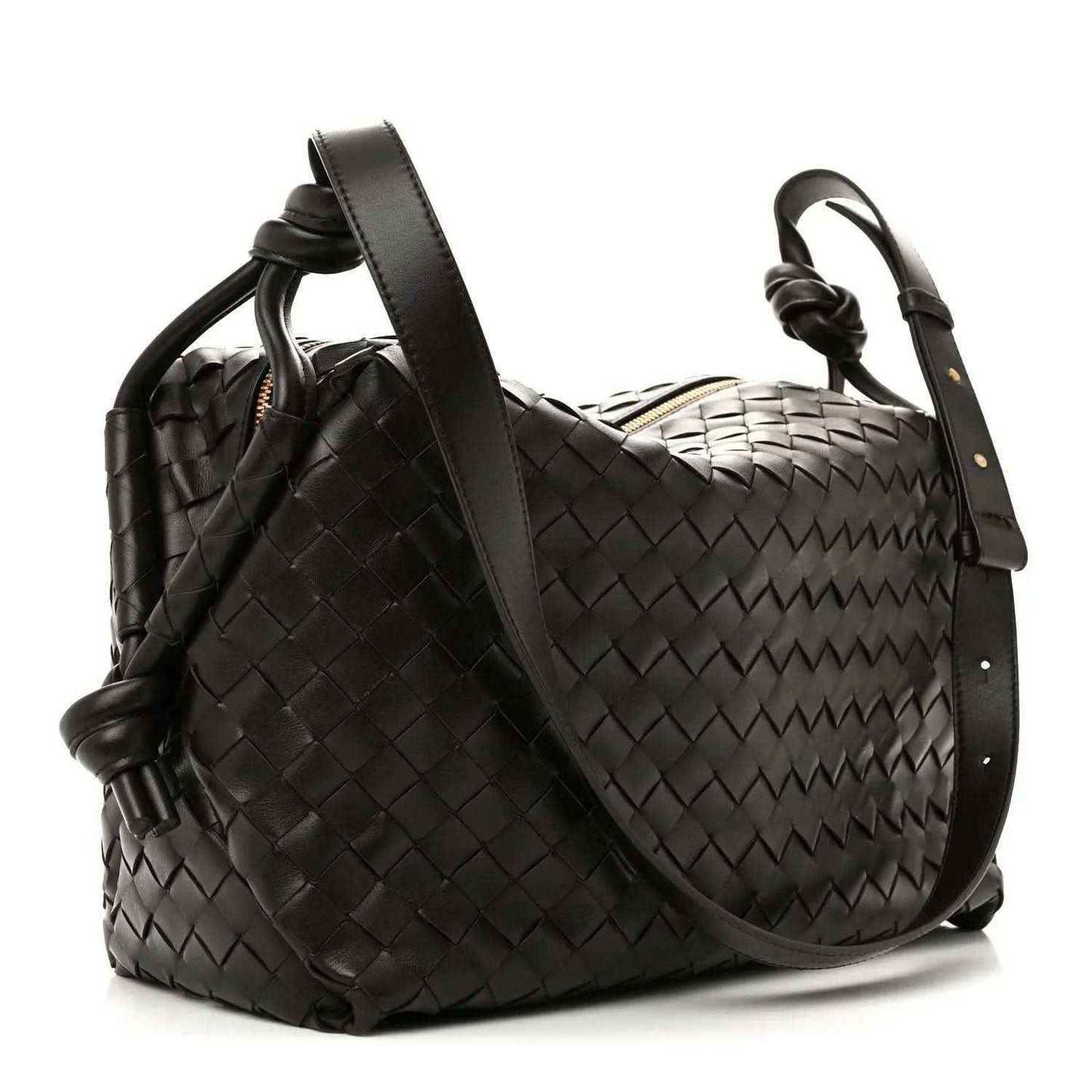 Black woven leather weekender bag with shoulder strap and top loop handle