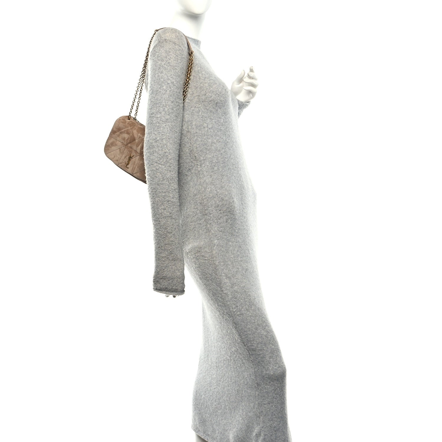 Taupe suede mini shoulder bag on chain strap with flap and short handle