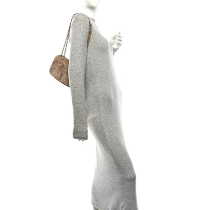 Taupe suede mini shoulder bag on chain strap with flap and short handle
