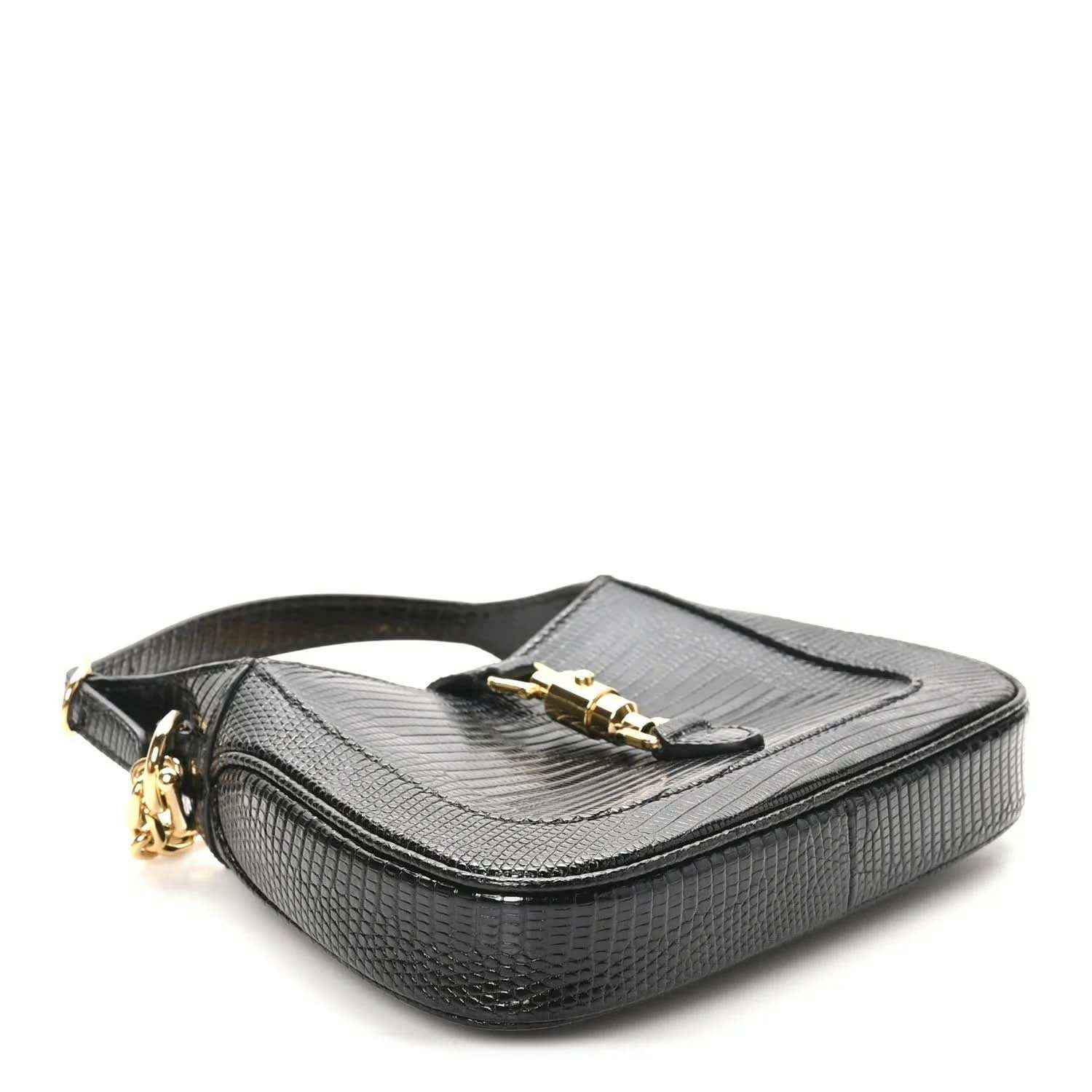 Black lizard mini Jackie handbag with top flap, gold-tone clasp, and chain shoulder strap.