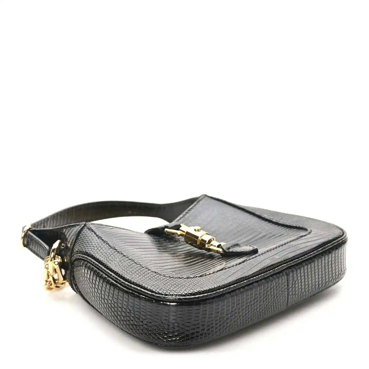 Black lizard mini Jackie handbag with top flap, gold-tone clasp, and chain shoulder strap.