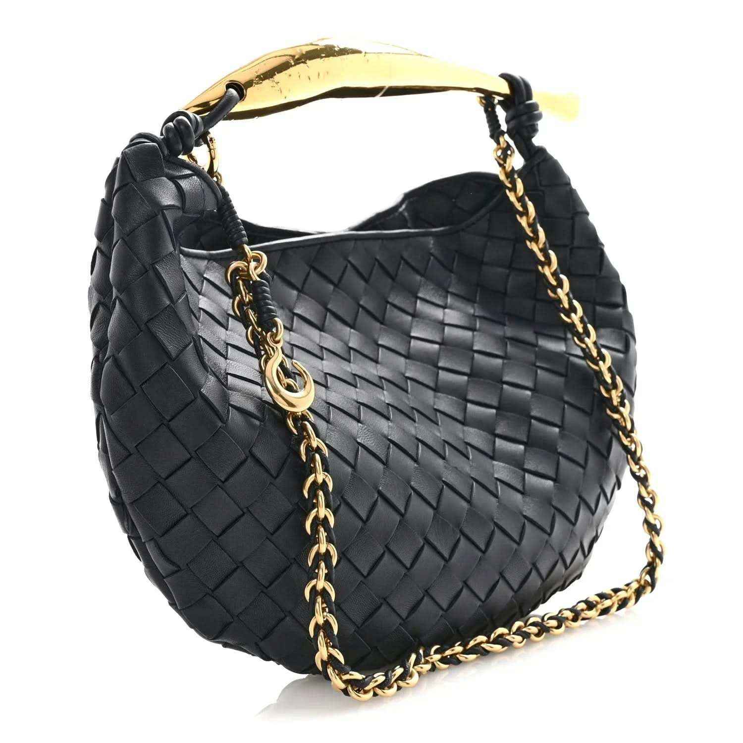 Black intrecciato-style woven leather hobo bag with gold chain strap and ring hardware