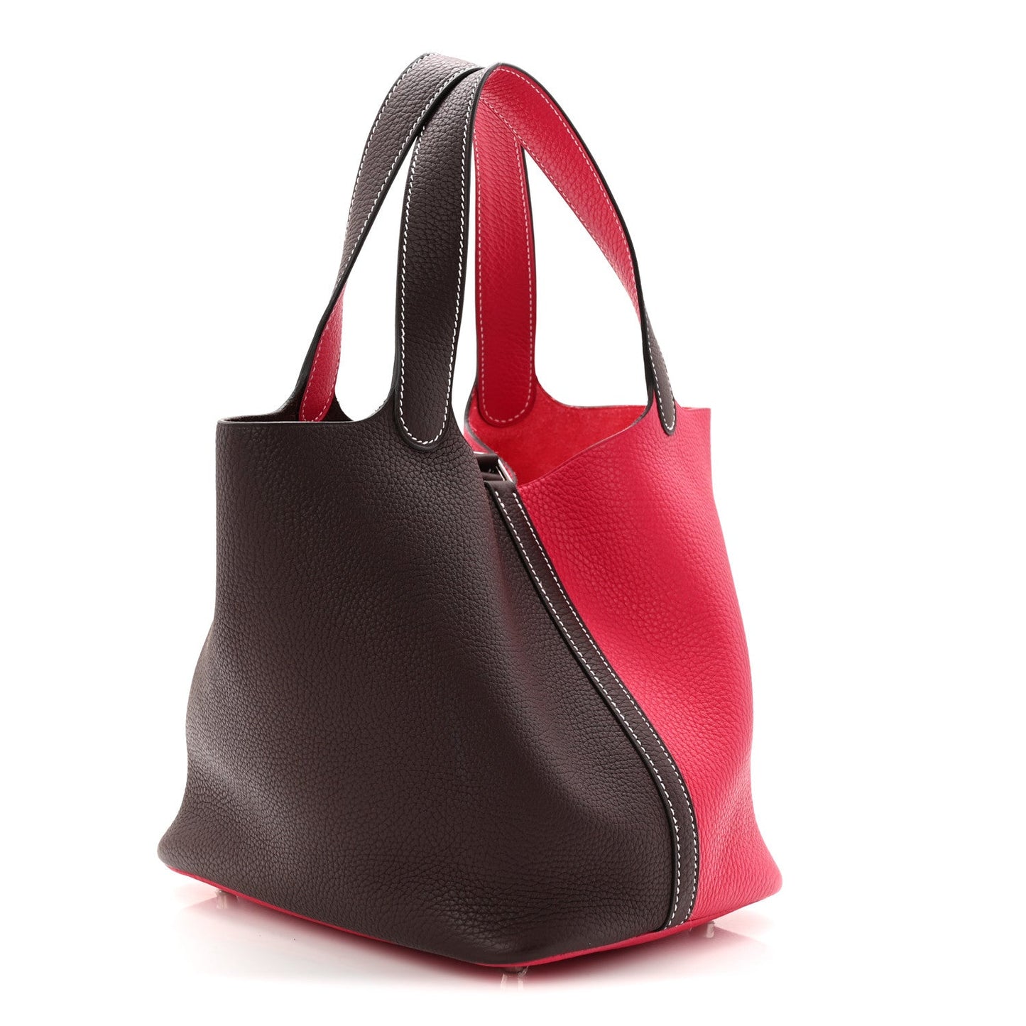 Two-tone bucket bag in dark brown and bright red with zip front and top handles