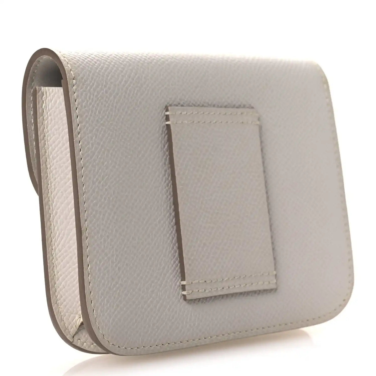Pale gray leather slim wallet with fold-over flap and stitched front pocket
