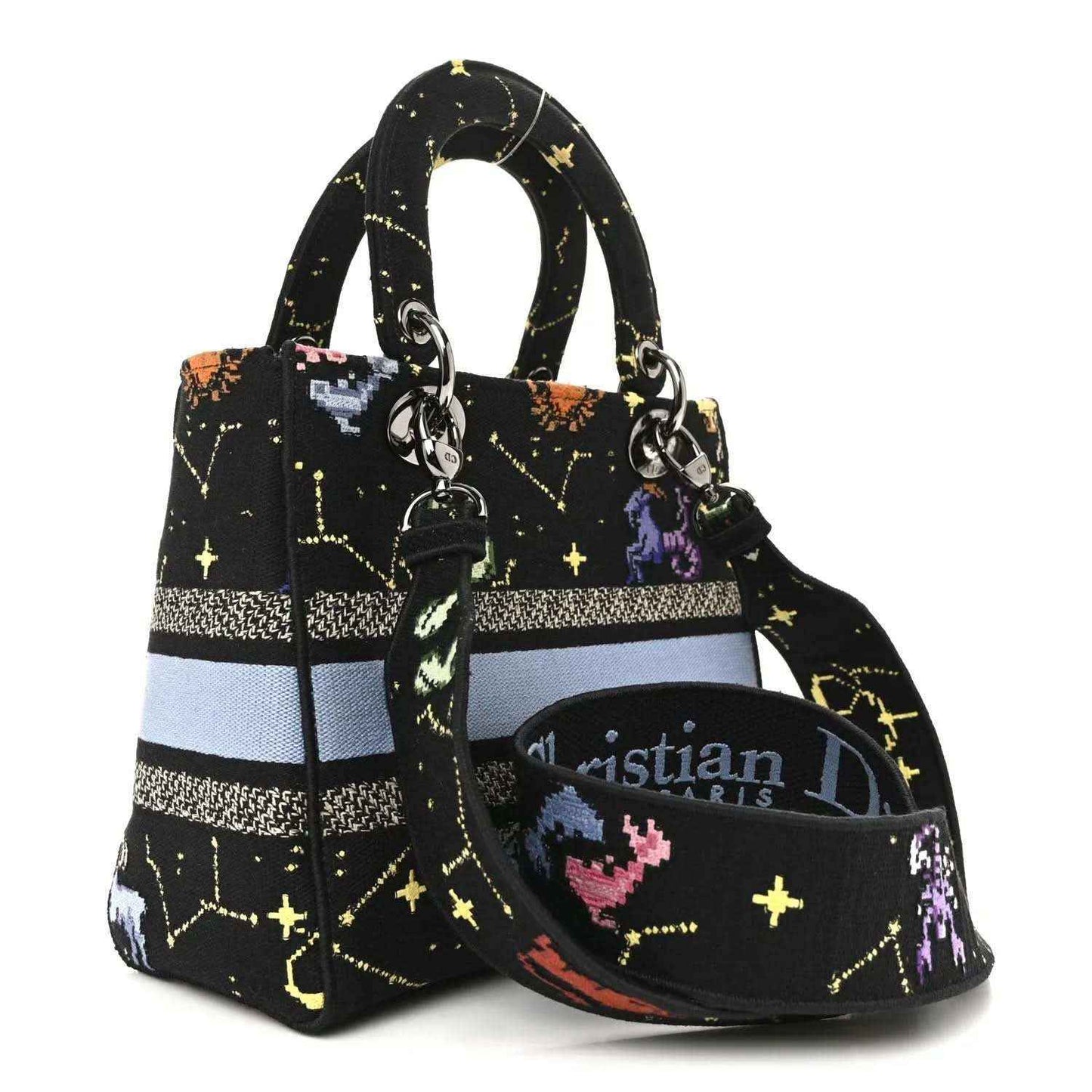 Medium black embroidered canvas handbag with side pocket, top handles, and silver hardware