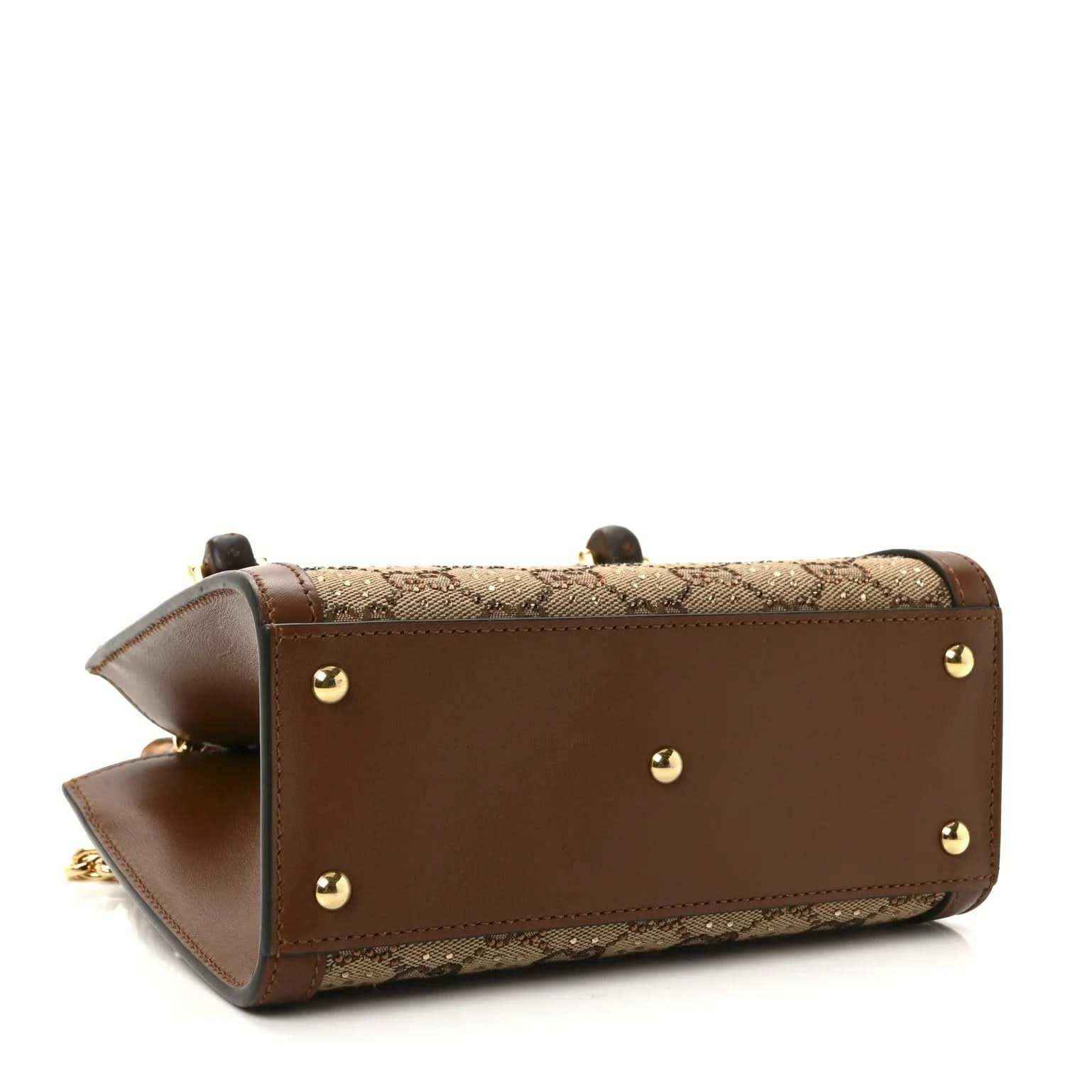 Gucci mini tote bag base, tan monogram canvas with brown leather panels and gold studs