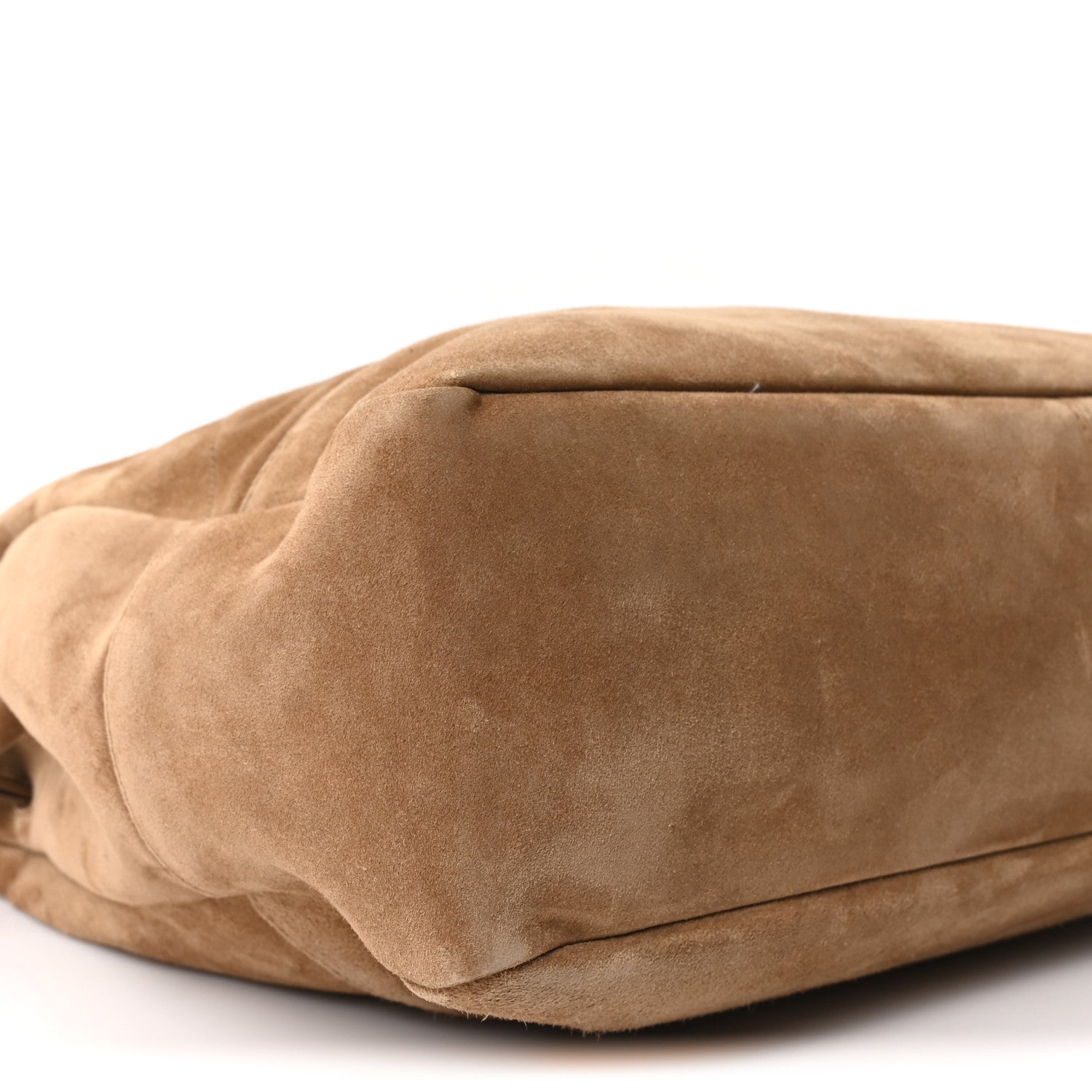 Suede medium tote bag with slouchy rounded base, side close-up