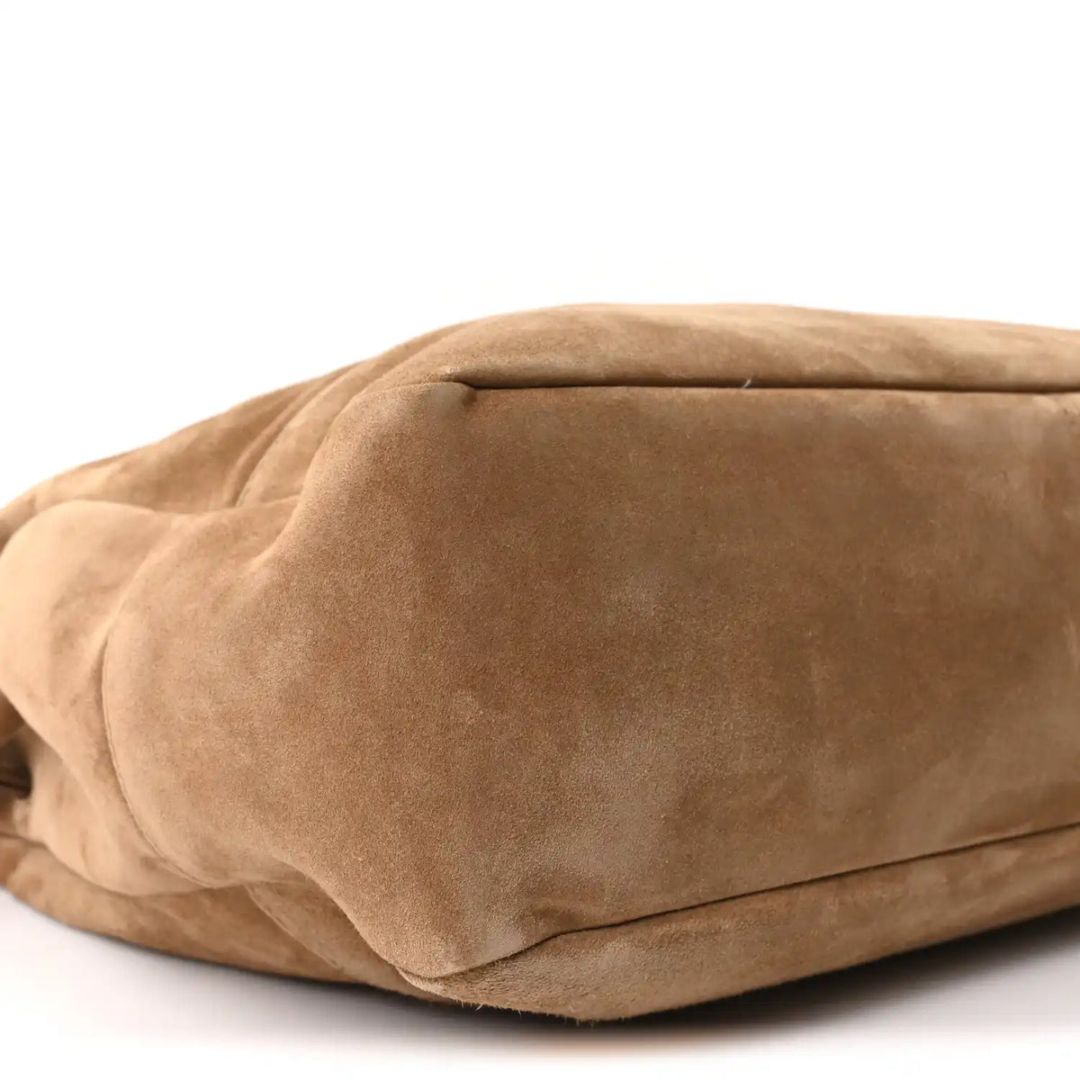 Suede medium tote bag with slouchy rounded base, side close-up