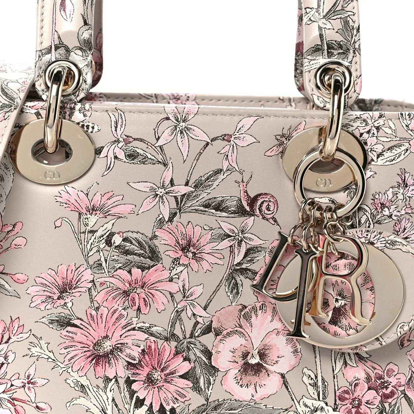 Small Lady Dior handbag front close-up with pink floral print and silver-tone clasp