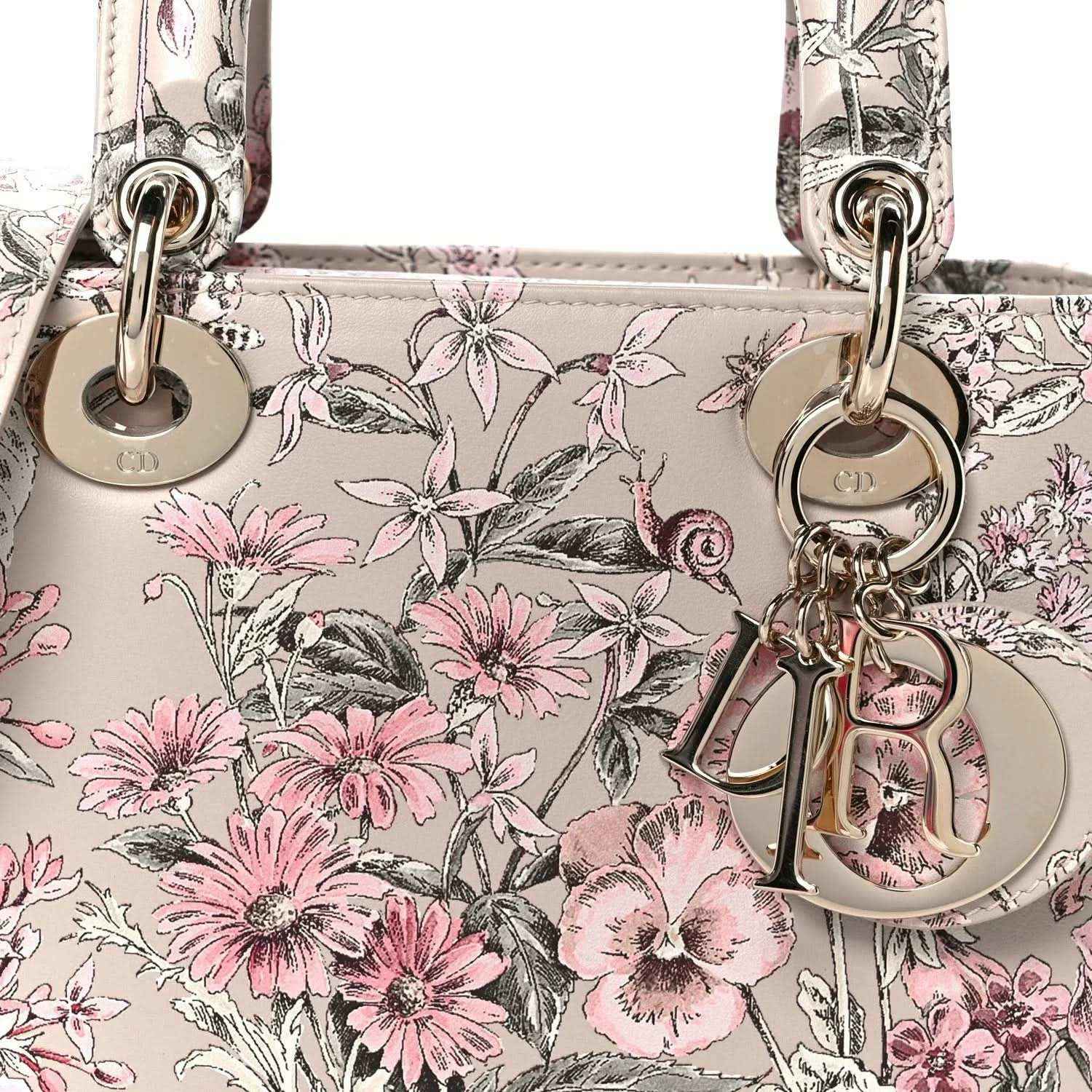 Small Lady Dior handbag front close-up with pink floral print and silver-tone clasp