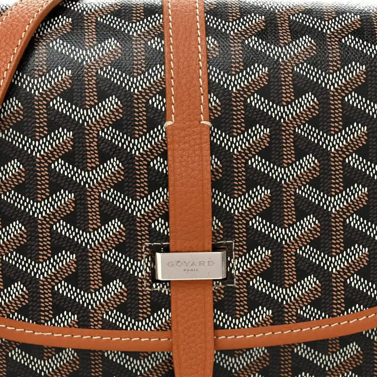Belvedere II PM messenger bag front detail, Goyardine pattern with Goyard logo plate