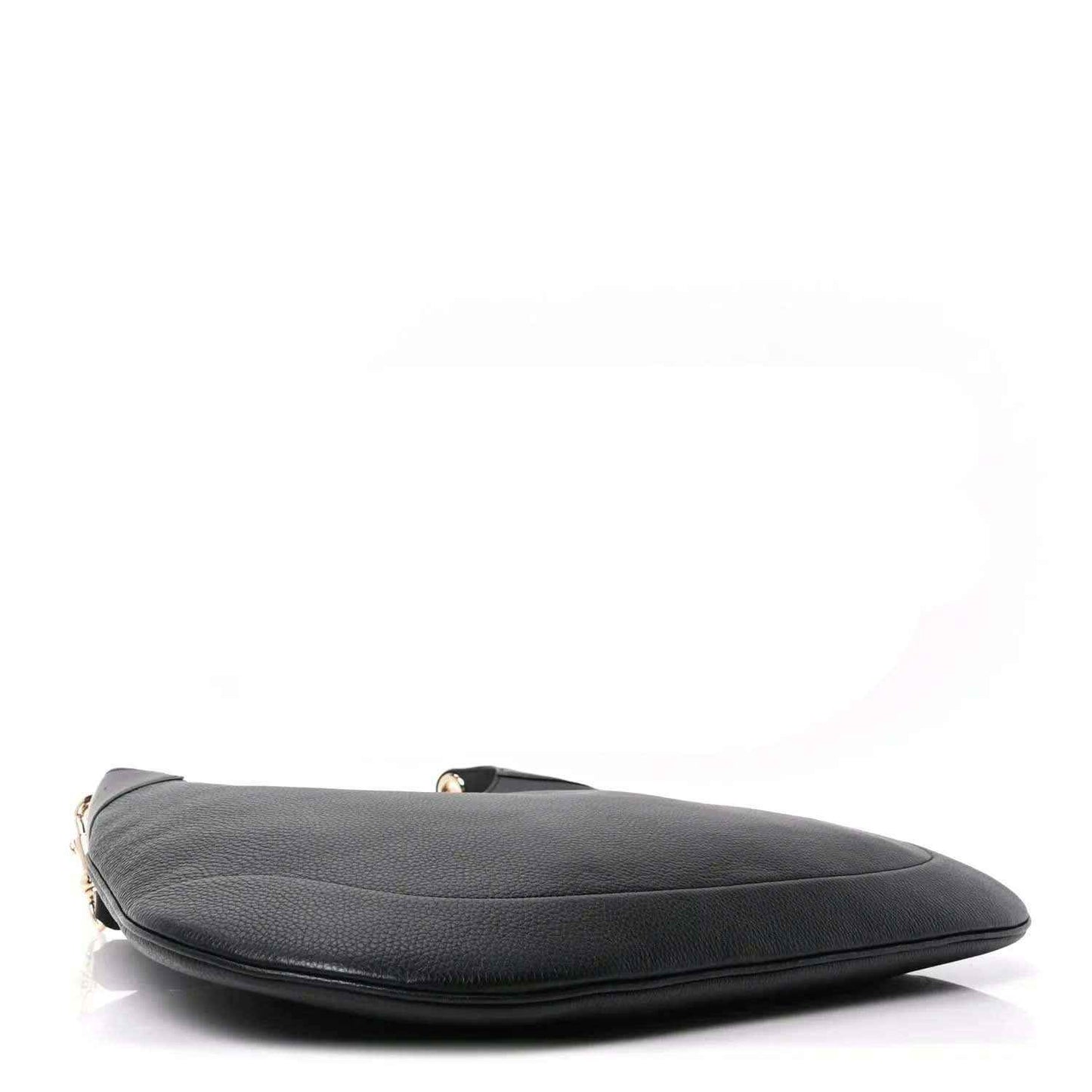 Black grained leather maxi hobo bag with curved top edge and metal hardware