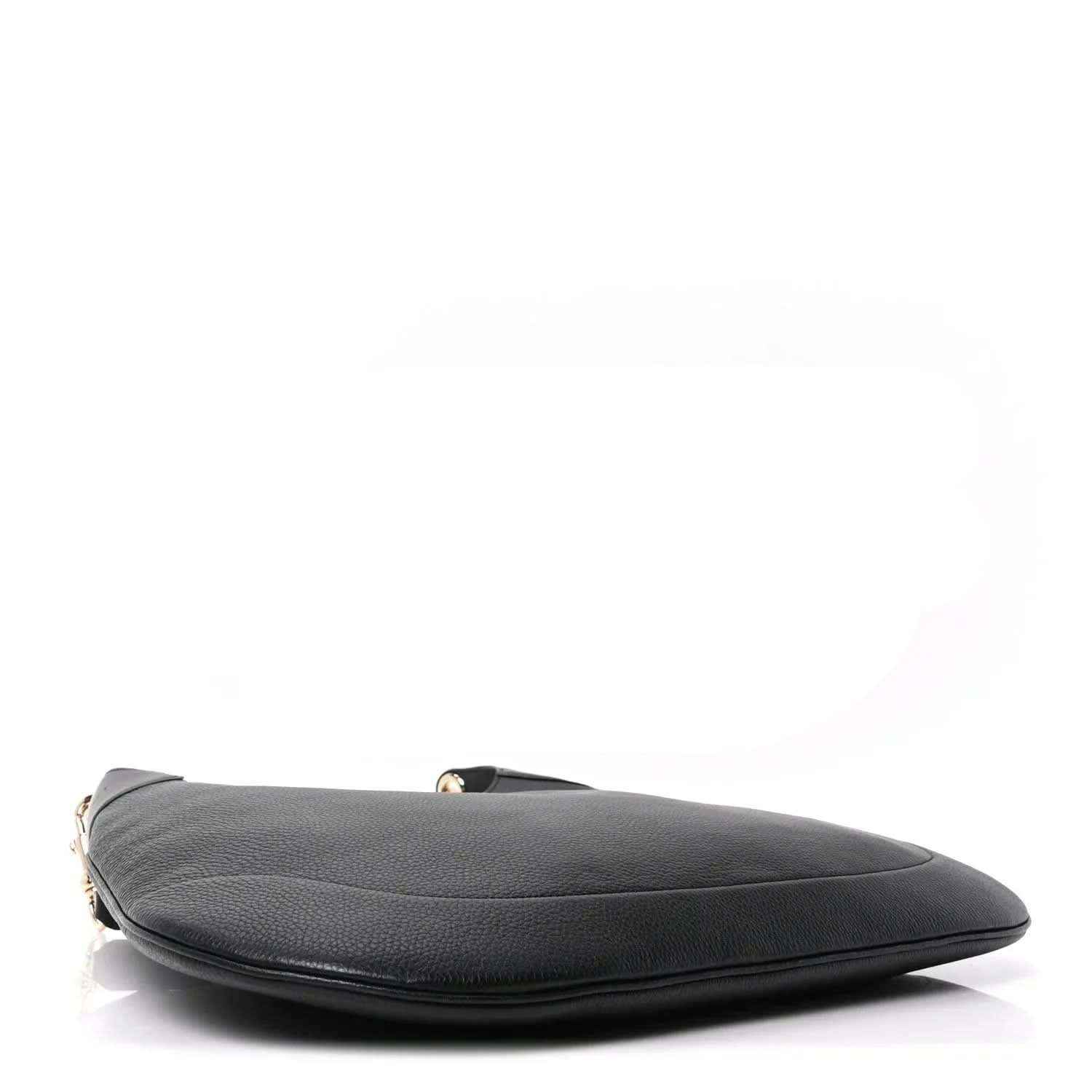 Black grained leather maxi hobo bag with curved top edge and metal hardware