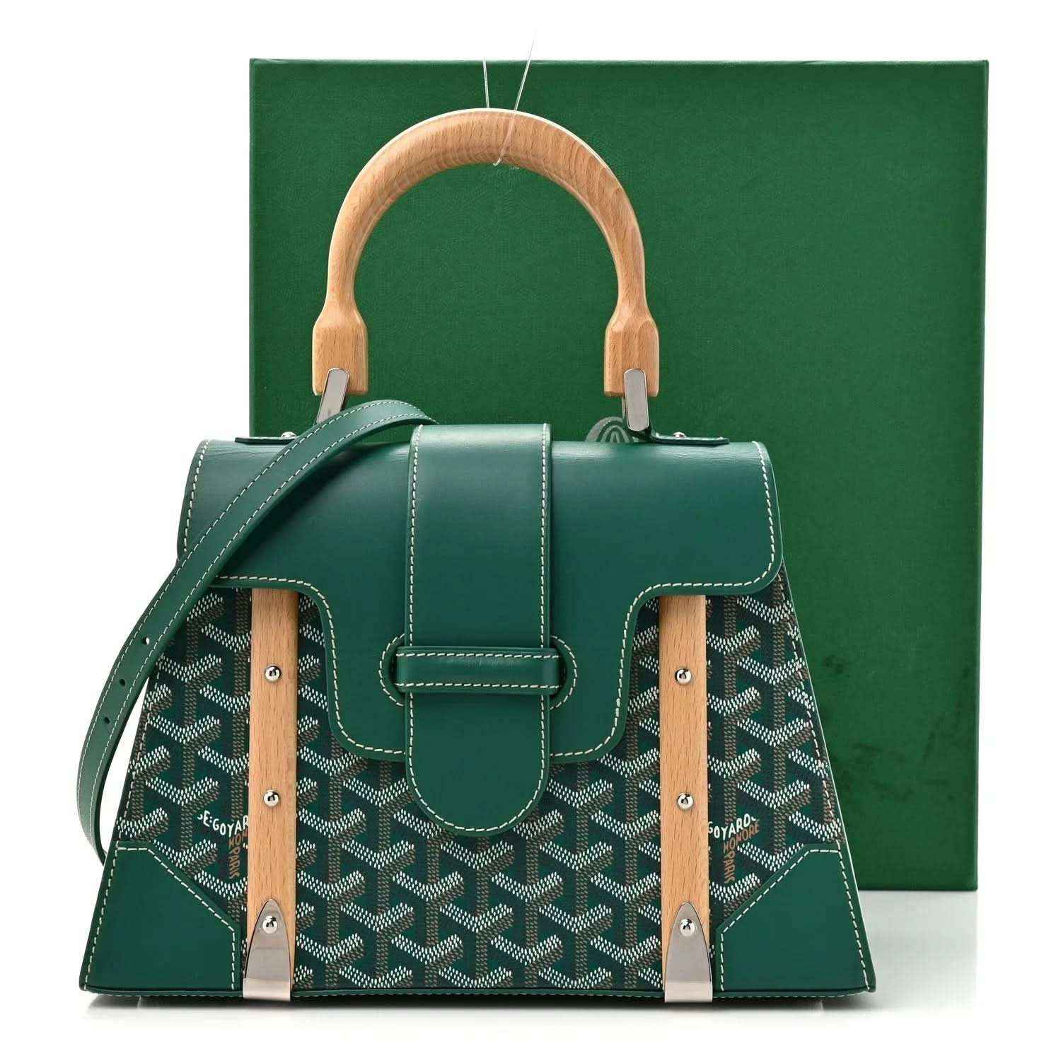 Goyardine Saigon PM bag with green handles, patterned canvas front, and top clasp