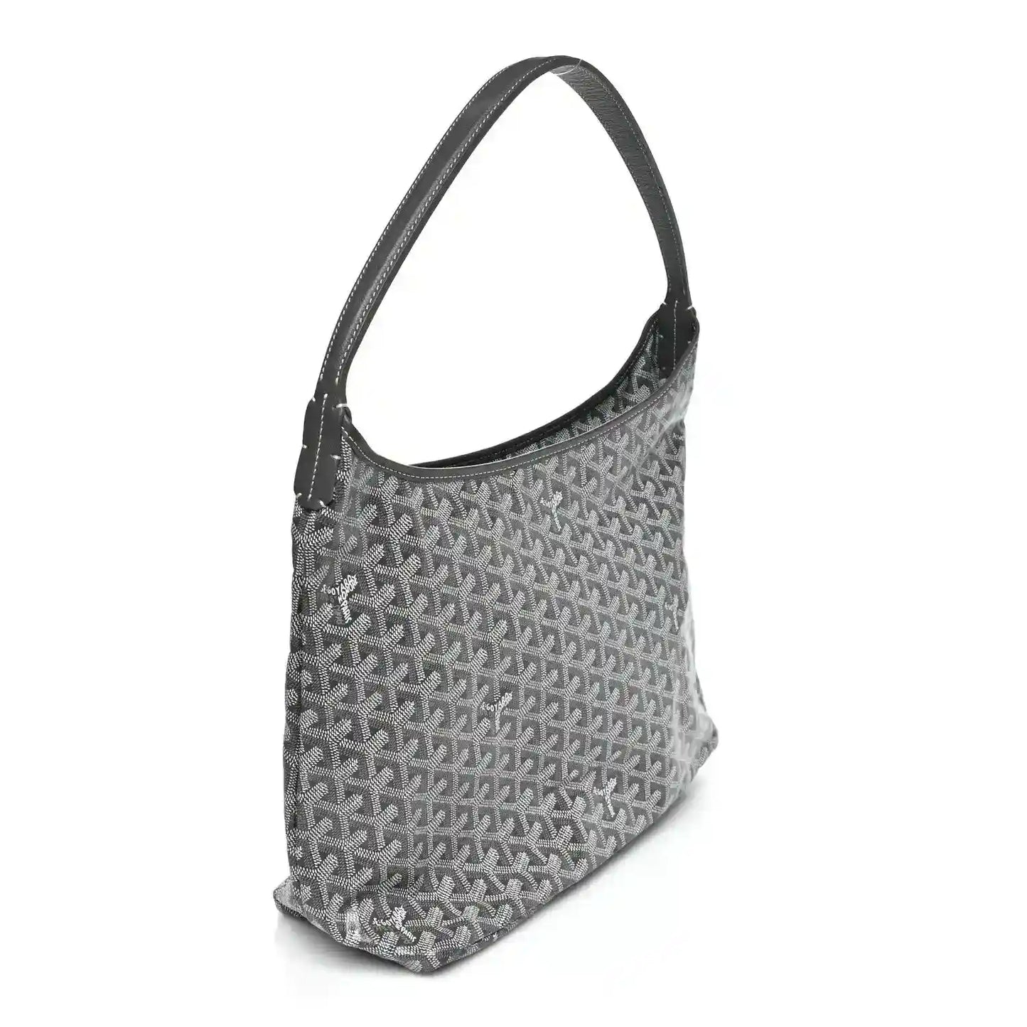 Grey coated canvas hobo bag with top handle and allover textured pattern